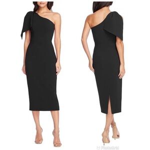 DRESS THE POPULATION TIffany Black One Shoulder Midi Dress Cocktail Party Medium
